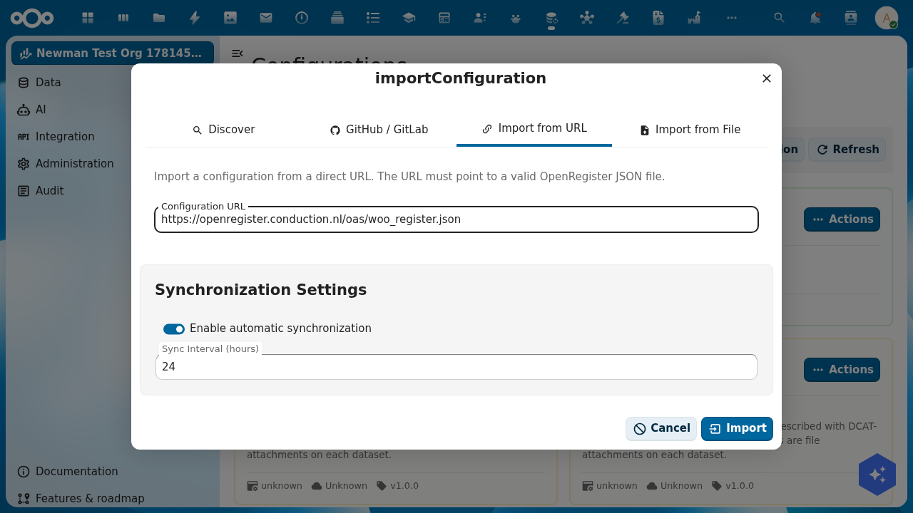 The Import from URL tab in OpenRegister with the Woo configuration URL filled in