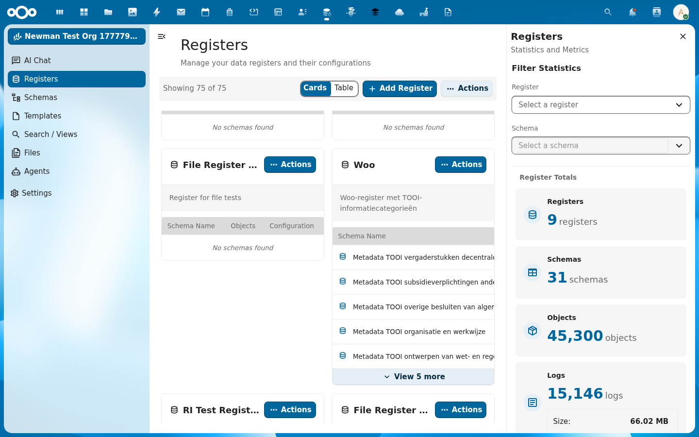 Het Woo-register met de geïmporteerde TOOI-schemas