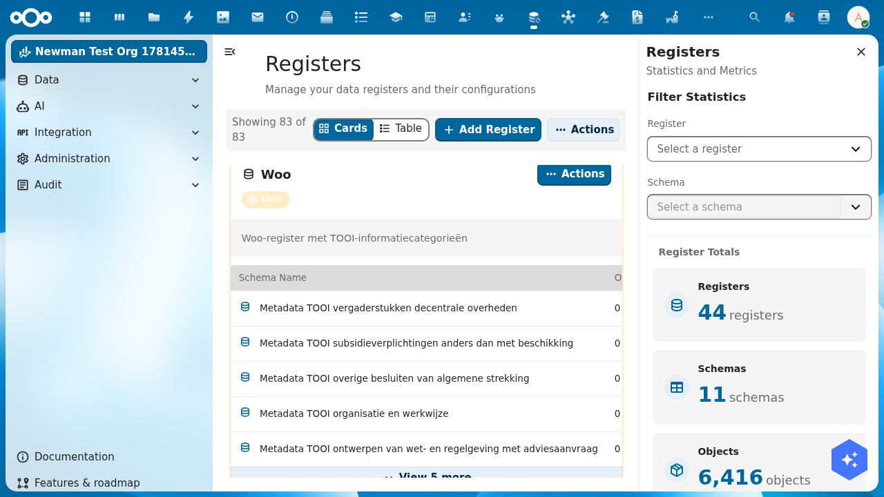 The Woo register card in OpenRegister, listing its ten TOOI schemas