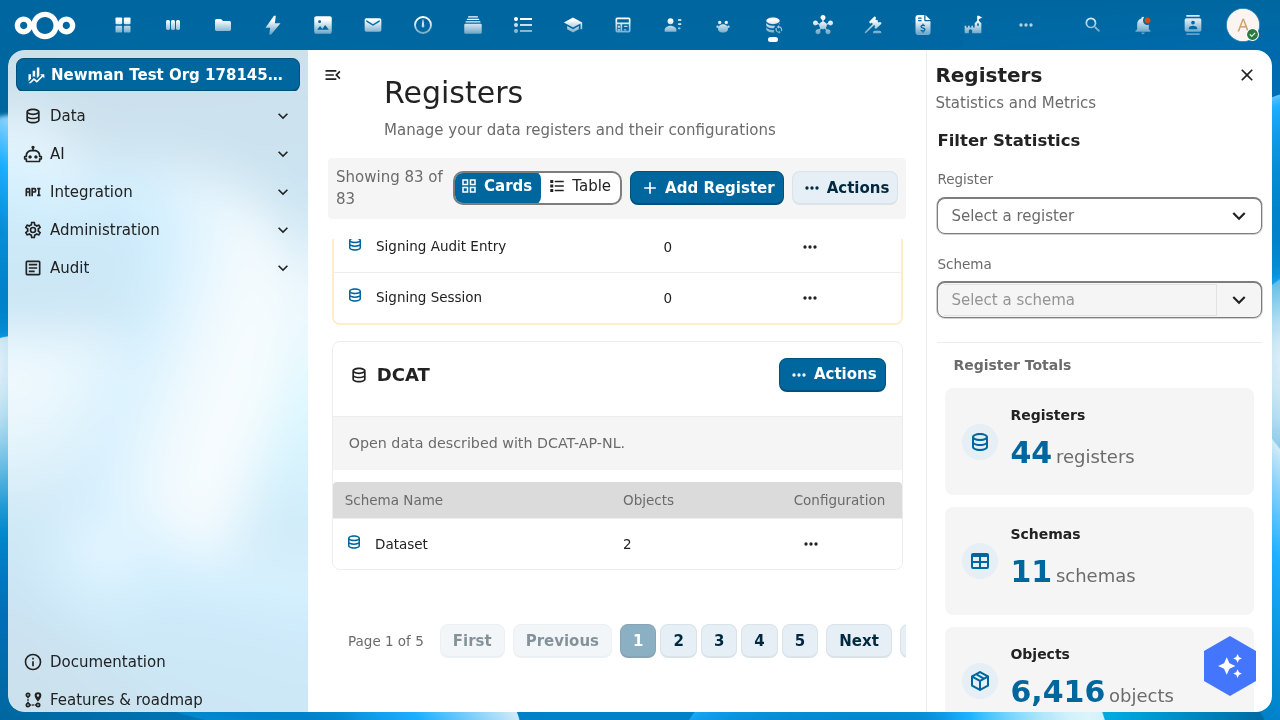 The DCAT register card in OpenRegister with its Dataset schema