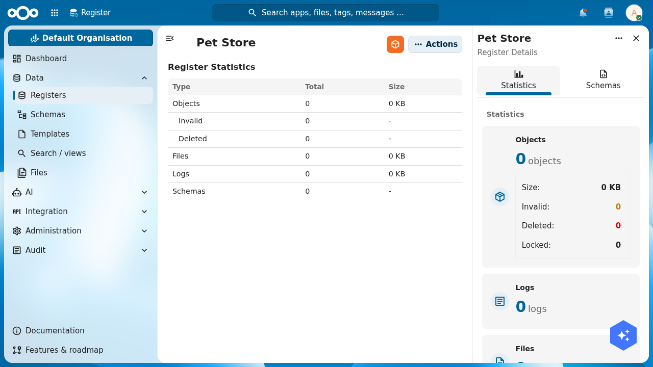 The Pet Store register detail page showing Register Statistics with zero objects, files, logs and schemas, and a right sidebar with Statistics and Schemas tabs
