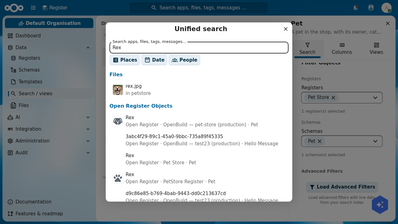 Nextcloud's unified search dialog with the query 'Rex' returning an 'Open Register Objects' section listing Rex labelled 'Open Register · Pet Store · Pet', alongside Files and Events results