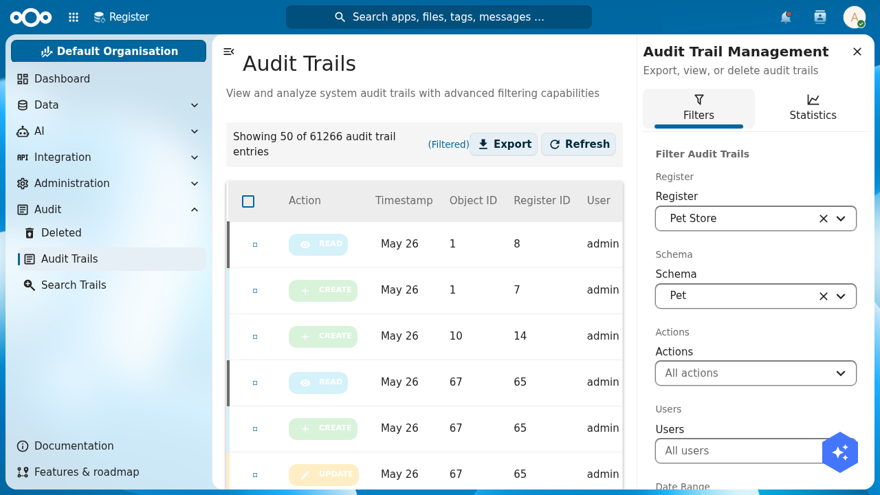 The Audit Trails page showing a log of actions (READ, CREATE, UPDATE) with timestamps, object id, register id and user columns, an Export button, and a Filters sidebar set to the Pet Store register and Pet schema