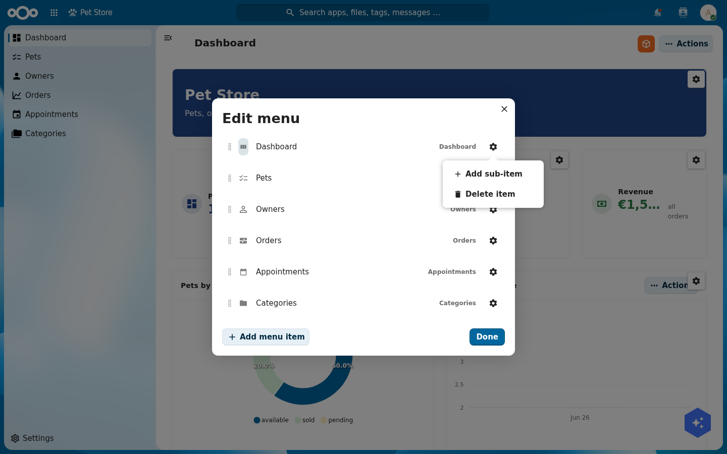 The Edit menu modal: a list of navigation entries (Dashboard, Pets, Owners, Orders, Appointments, Categories) with drag handles, icons, target routes and a per-item gear opened to show Add sub-item and Delete item, plus an Add menu item button