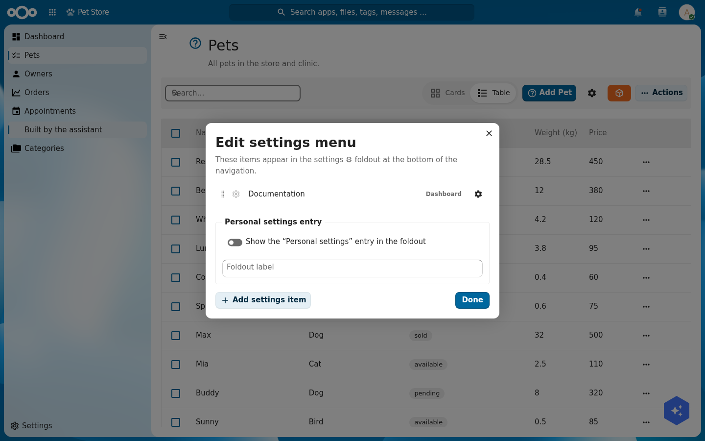The Edit settings menu modal with one item labelled 'Documentation' targeting a page, plus a 'Personal settings' entry toggle and a Foldout label field