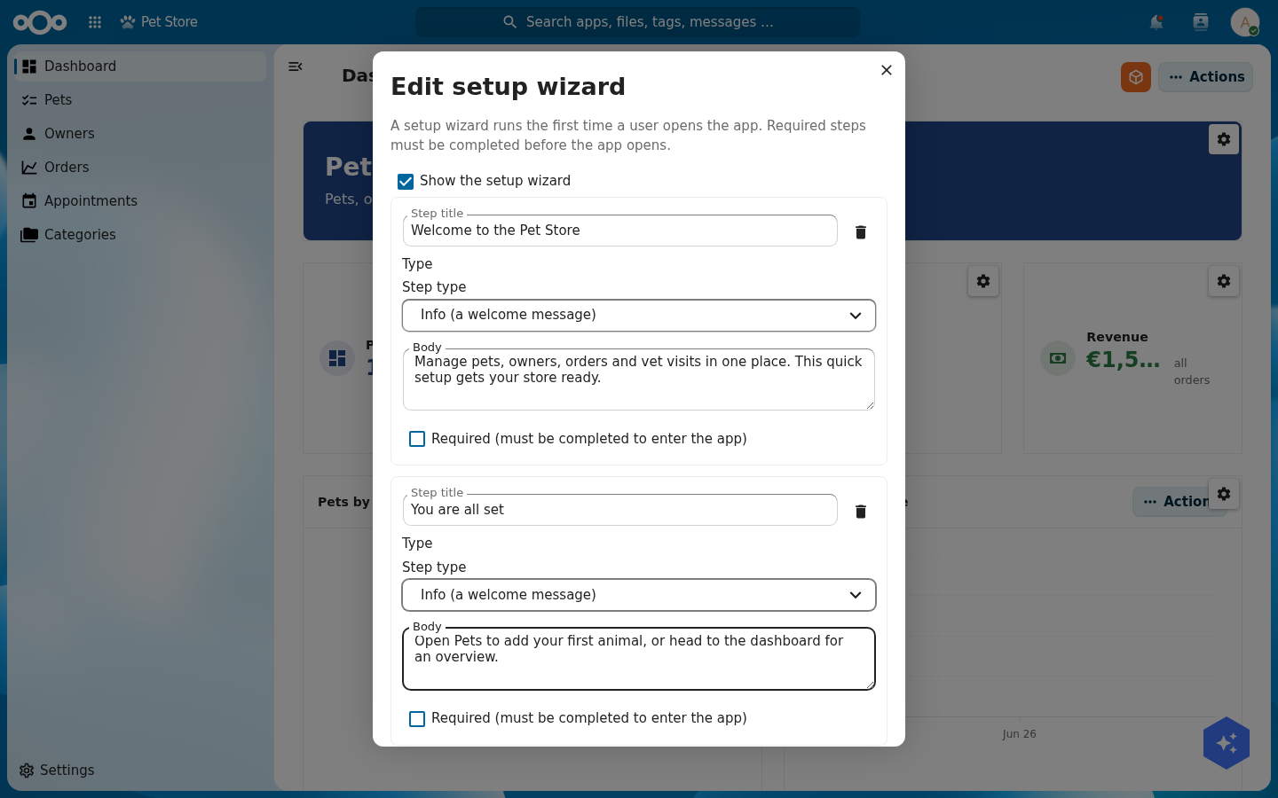 The Edit setup wizard editor with a 'Show the setup wizard' toggle and two steps, each with a title, type select, body, and Required toggle