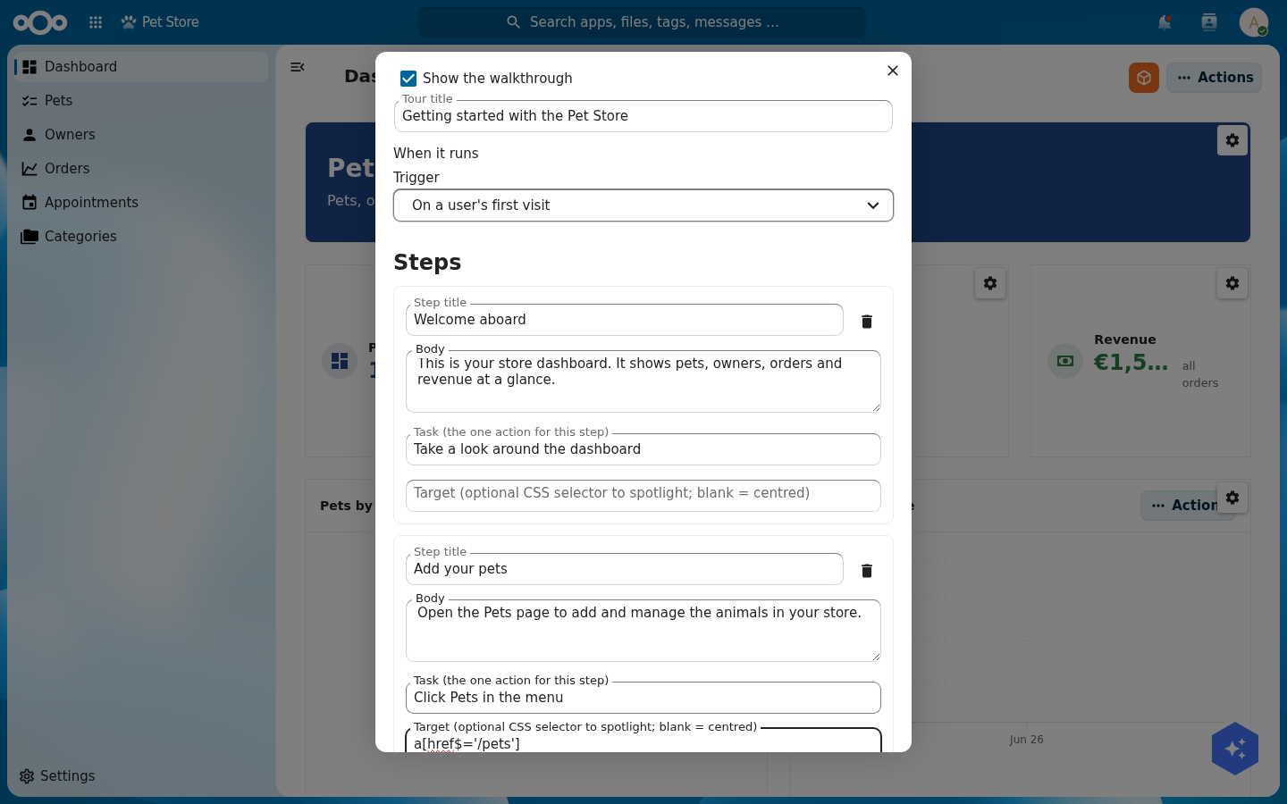 The Edit walkthrough editor with a tour title, a 'When it runs' trigger select, and two steps each with a title, body, task, and optional target selector