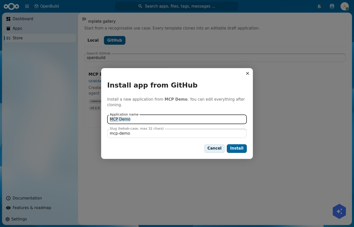 The Install app from GitHub dialog with editable application name and slug fields and an Install button