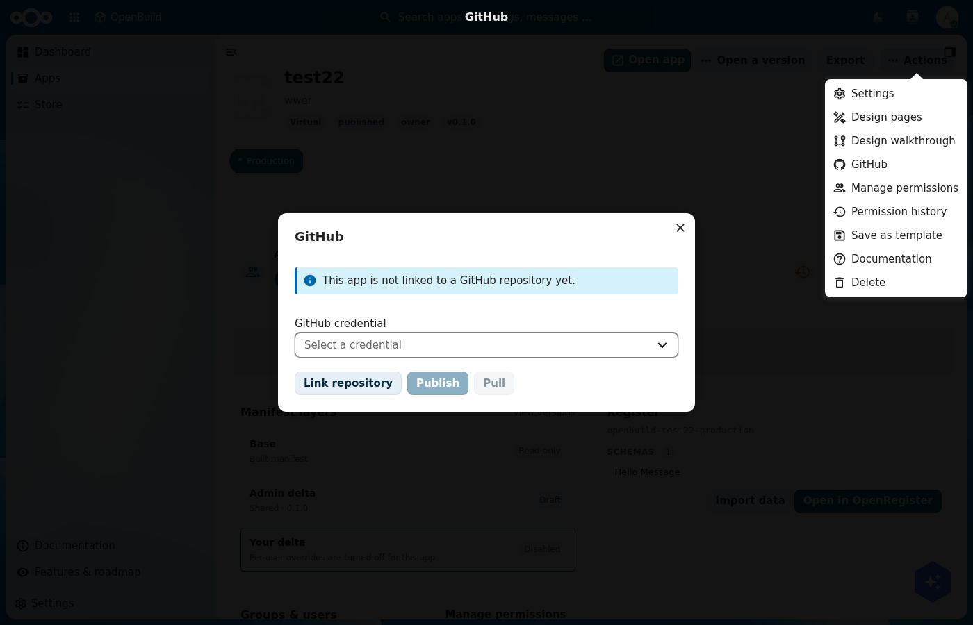 The OpenBuild GitHub panel for an app: a GitHub credential picker with Link repository, Publish, and Pull buttons, and a note that the app is not linked to a repository yet
