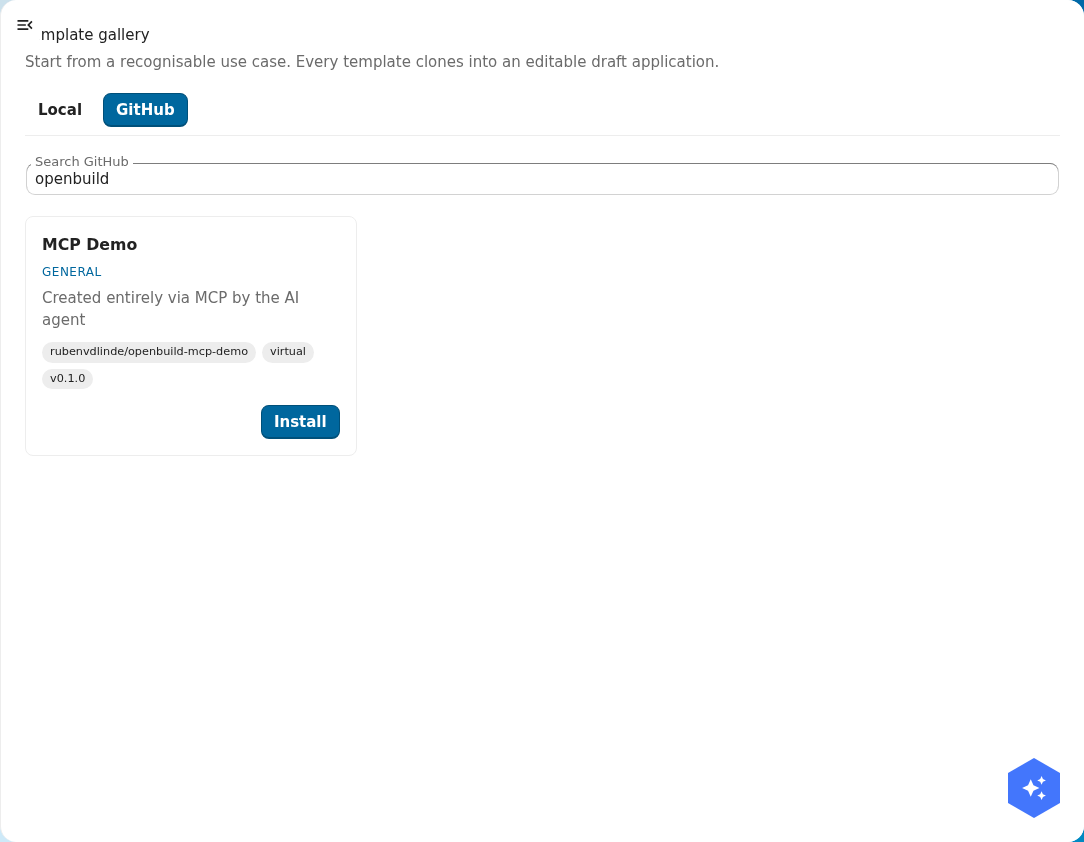 The OpenBuild store with a GitHub source tab selected, a search box, and a result card for a published app with an Install button