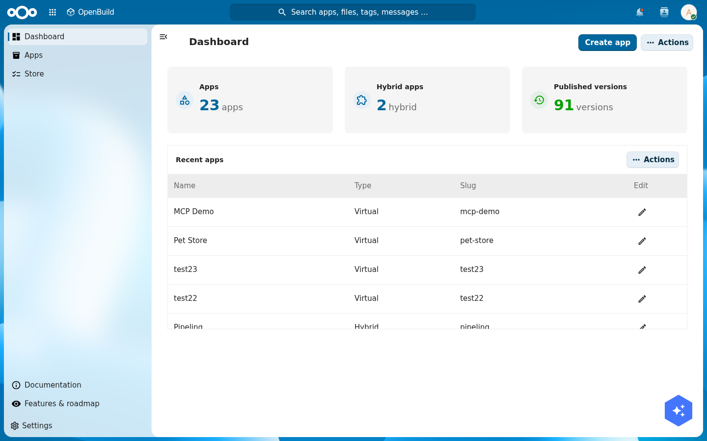 The OpenBuild dashboard with a Create app button and the Pet Store app listed among recent apps