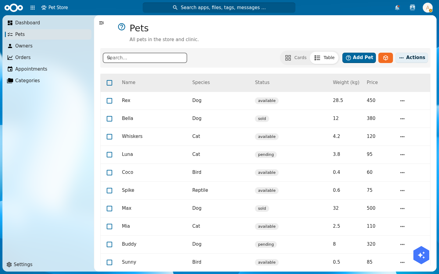 The Pets list in the running app showing ten seeded pets (Rex, Bella, Whiskers, Luna, Coco, Spike, Max, Mia, Buddy, Sunny) with species, status badges, weight and price