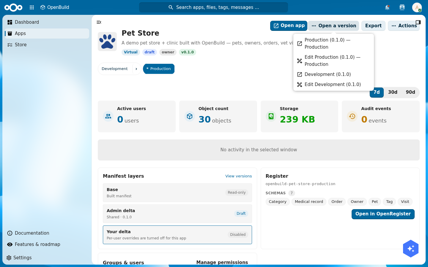 The OpenBuild version picker for Pet Store listing Production 0.1.0 and Development versions, with the production version marked