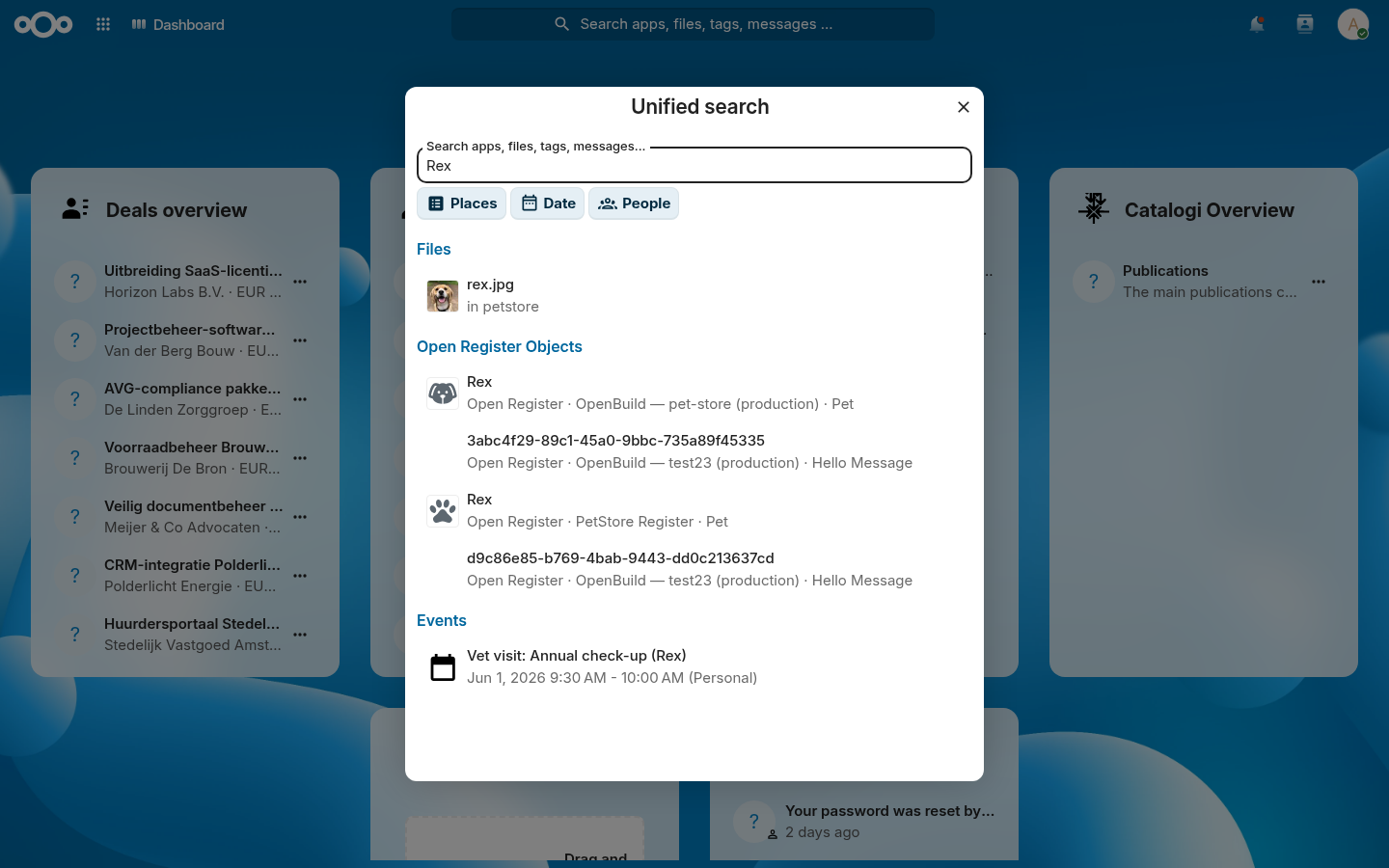 Nextcloud unified search for 'Rex' returning the Rex pet under Open Register Objects, his rex.jpg under Files, and a 'Vet visit: Annual check-up' under Events