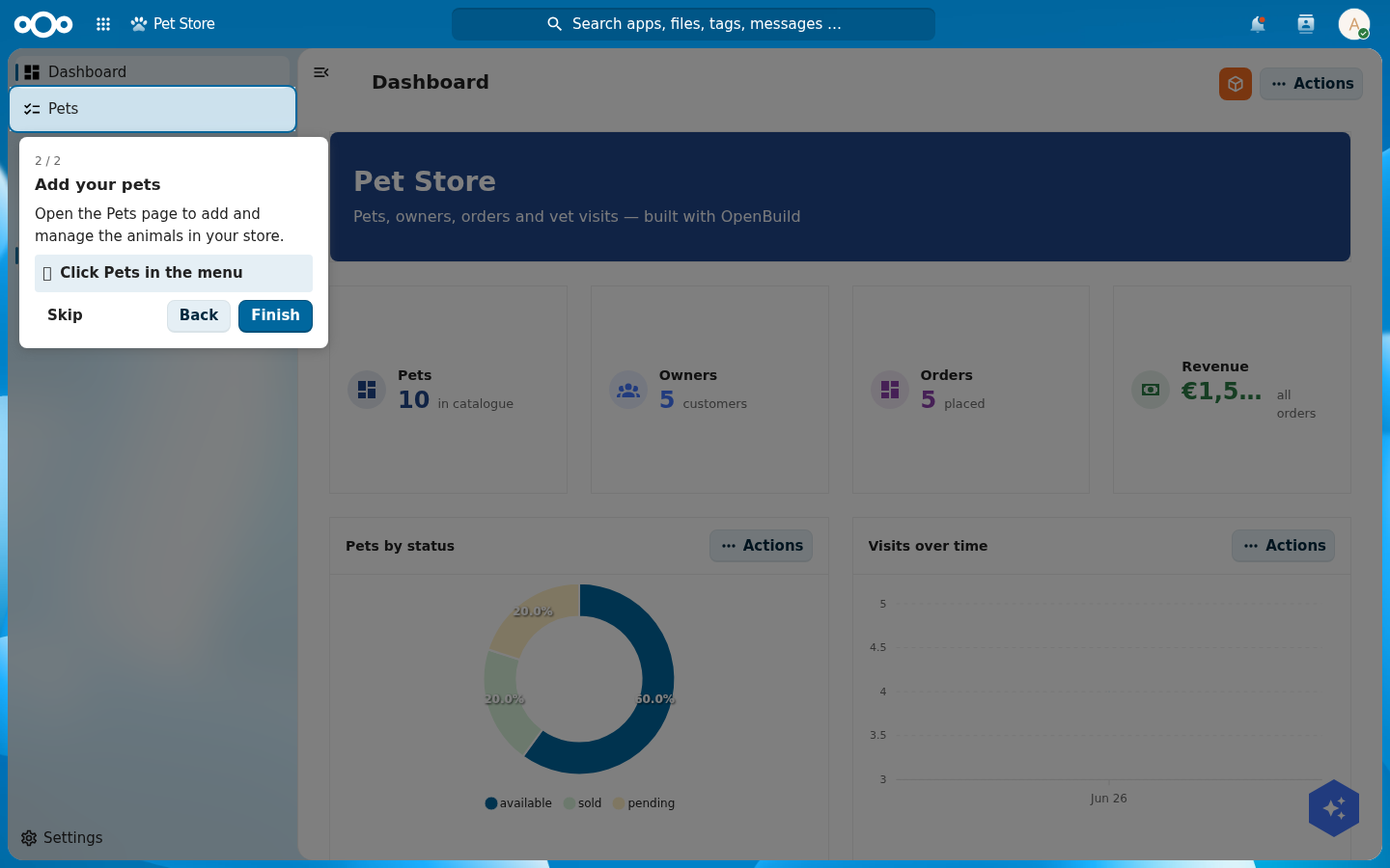The walkthrough on step 2 of 2 'Add your pets': the Pets navigation item is spotlit (a bright cutout in the dimmer) and the coachmark 'Click Pets in the menu' is pinned next to it