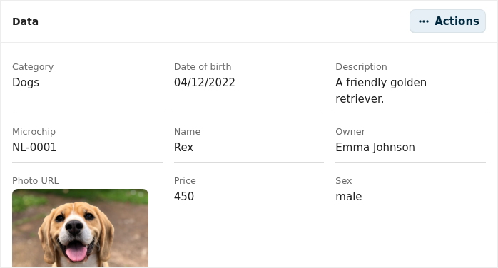 An Object data widget for Rex: a property grid showing Category, Date of birth, Description, Microchip, Name, Owner, a photo, Price and Sex, with an Actions menu in the header