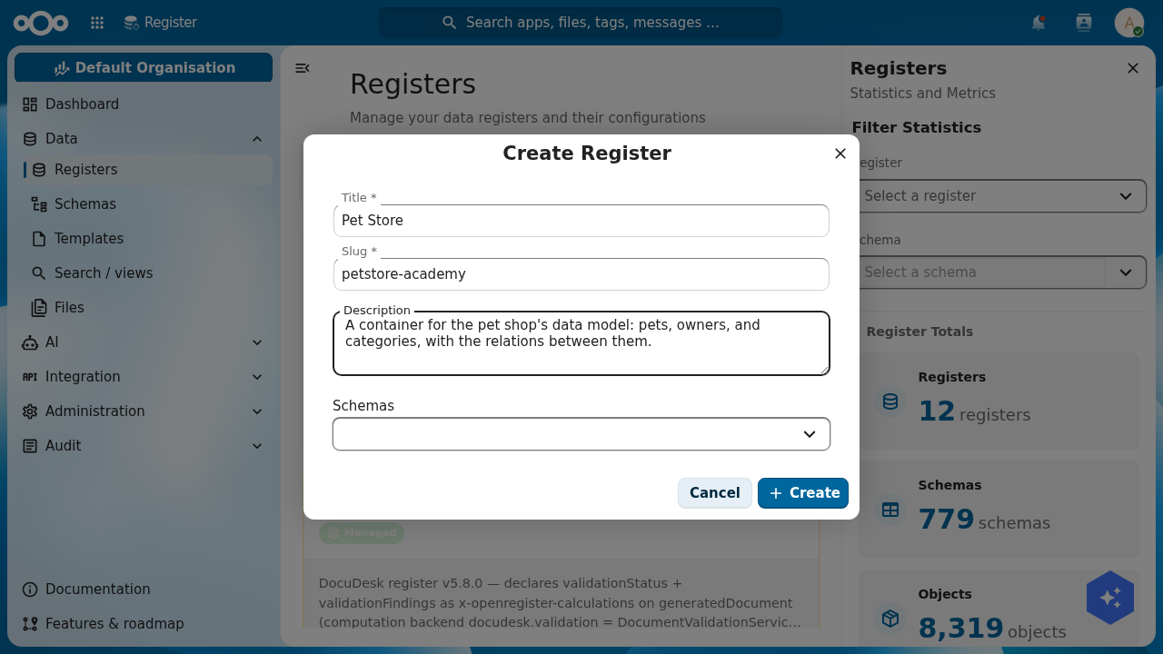 The Create Register dialog with Title set to Pet Store, Slug set to petstore-academy, a description, and an empty Schemas selector