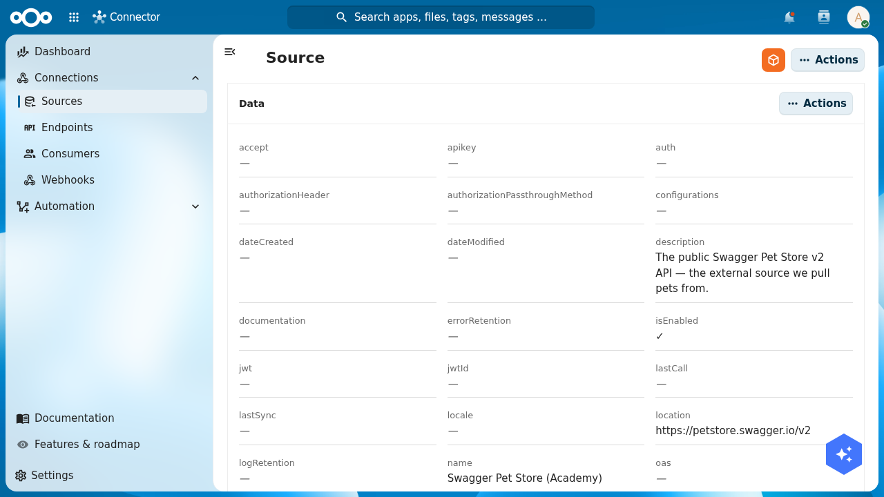 The source detail page for Swagger Pet Store (Academy) showing its data grid with location set to https://petstore.swagger.io/v2, type api, isEnabled ticked, and empty auth, rate-limit and credential fields