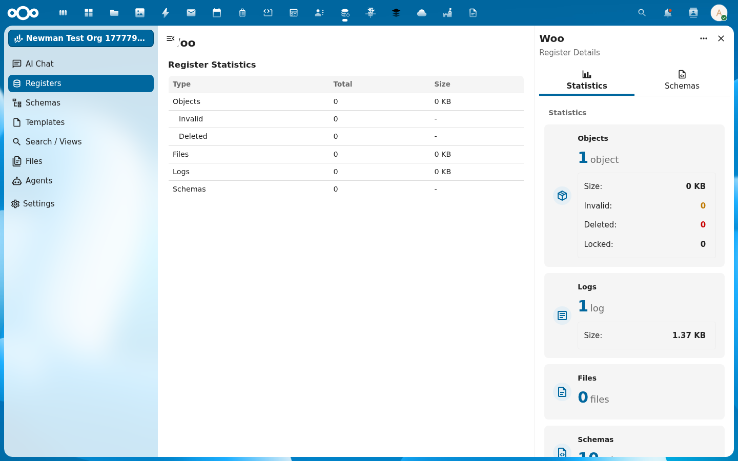 Het detailpaneel met statistieken voor het Woo-register: aantal objecten, logs, files en schemas