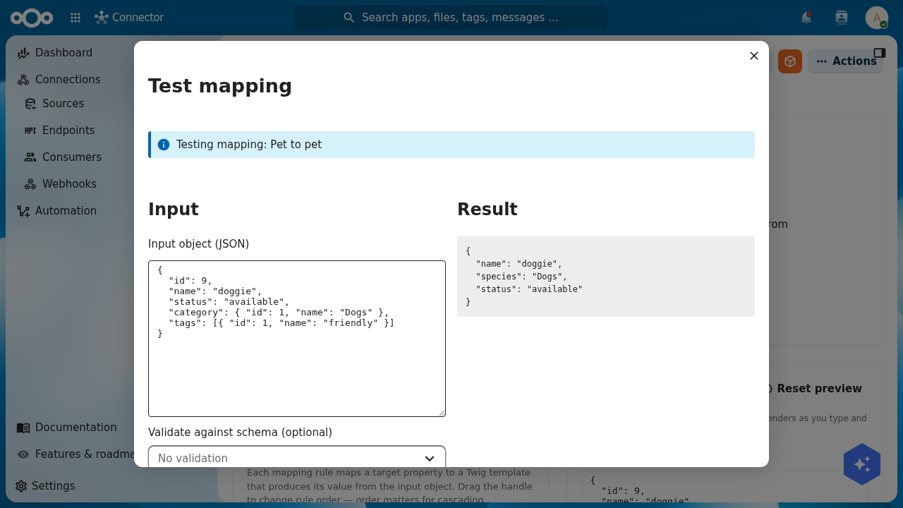 The Test mapping dialog with a Swagger pet in the Input object box and the Result panel showing name doggie, species Dogs, status available