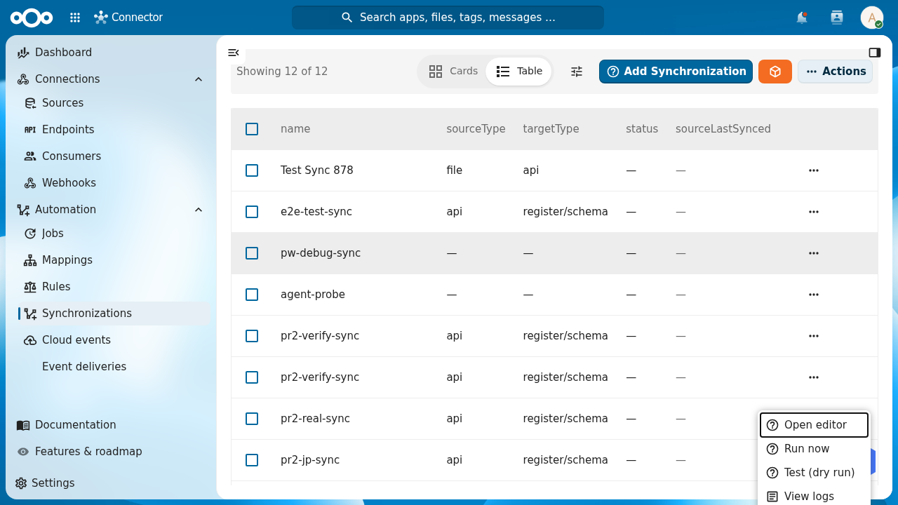 The Synchronizations table with the row Actions menu open showing Open editor, Run now, Test (dry run) and View logs