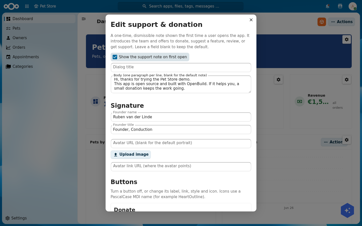 The Edit support and donation editor with a dialog-title field, a body field, founder name and title fields, an avatar URL field with an Upload image button, and an avatar link field