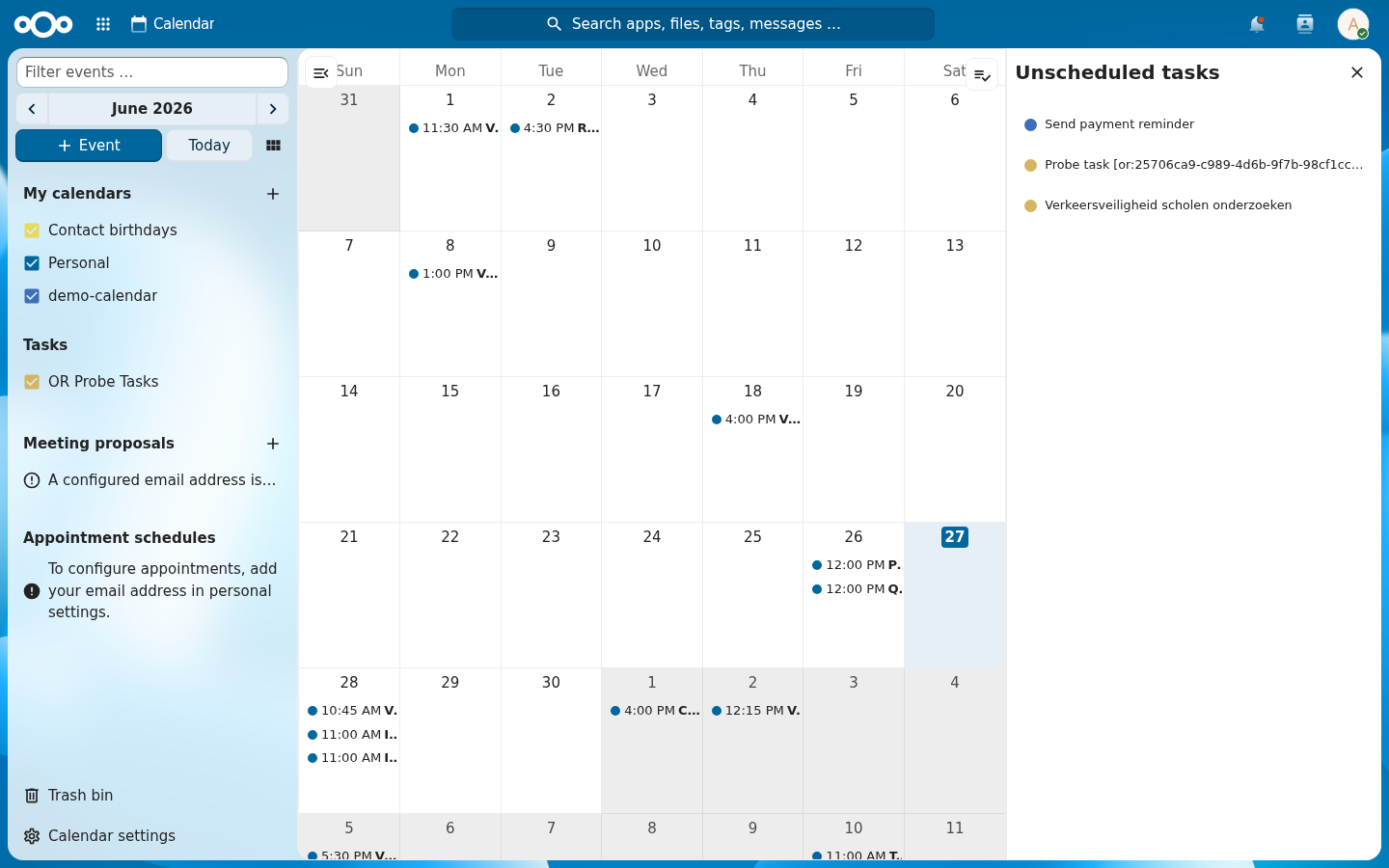 Nextcloud Calendar showing vet inspection agenda tasks created automatically when pets were registered