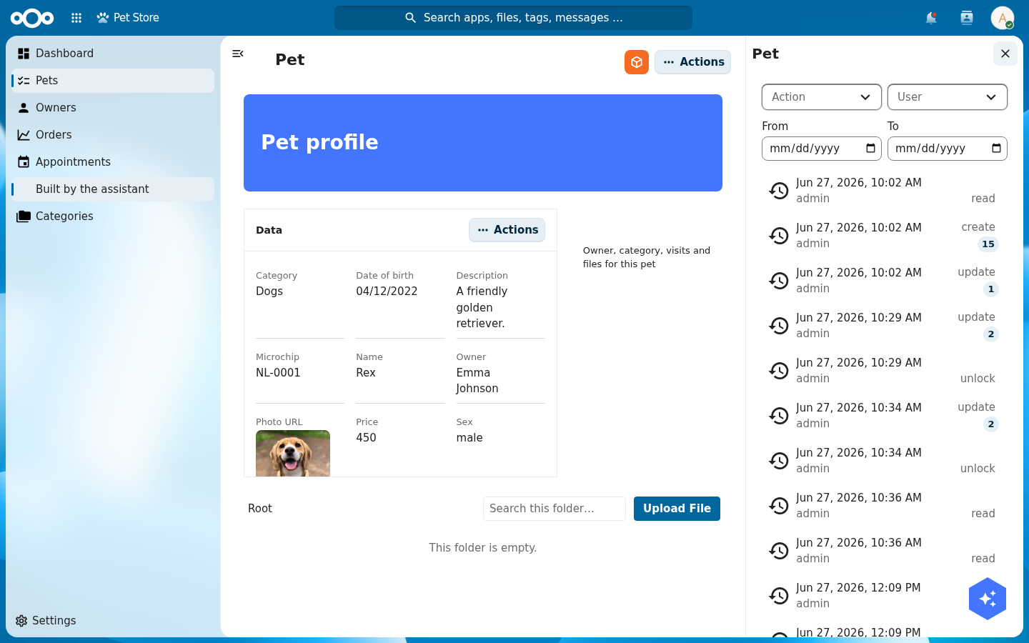 A pet's detail page with the right-hand sidebar open on a 'Logs' tab, showing dated audit-trail entries (create and update events by admin) with Action and User filters
