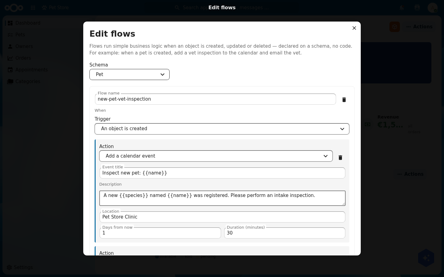 The Edit flows editor: the pet schema selected, an 'object is created' trigger, and a calendar-event action with title, description, location, days-from-now and duration fields using {{name}} placeholders