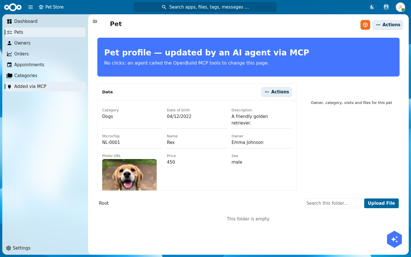 The pet detail page with a header reading 'Pet profile, updated by an AI agent via MCP' and a subtitle noting it was changed by an agent, not by clicking