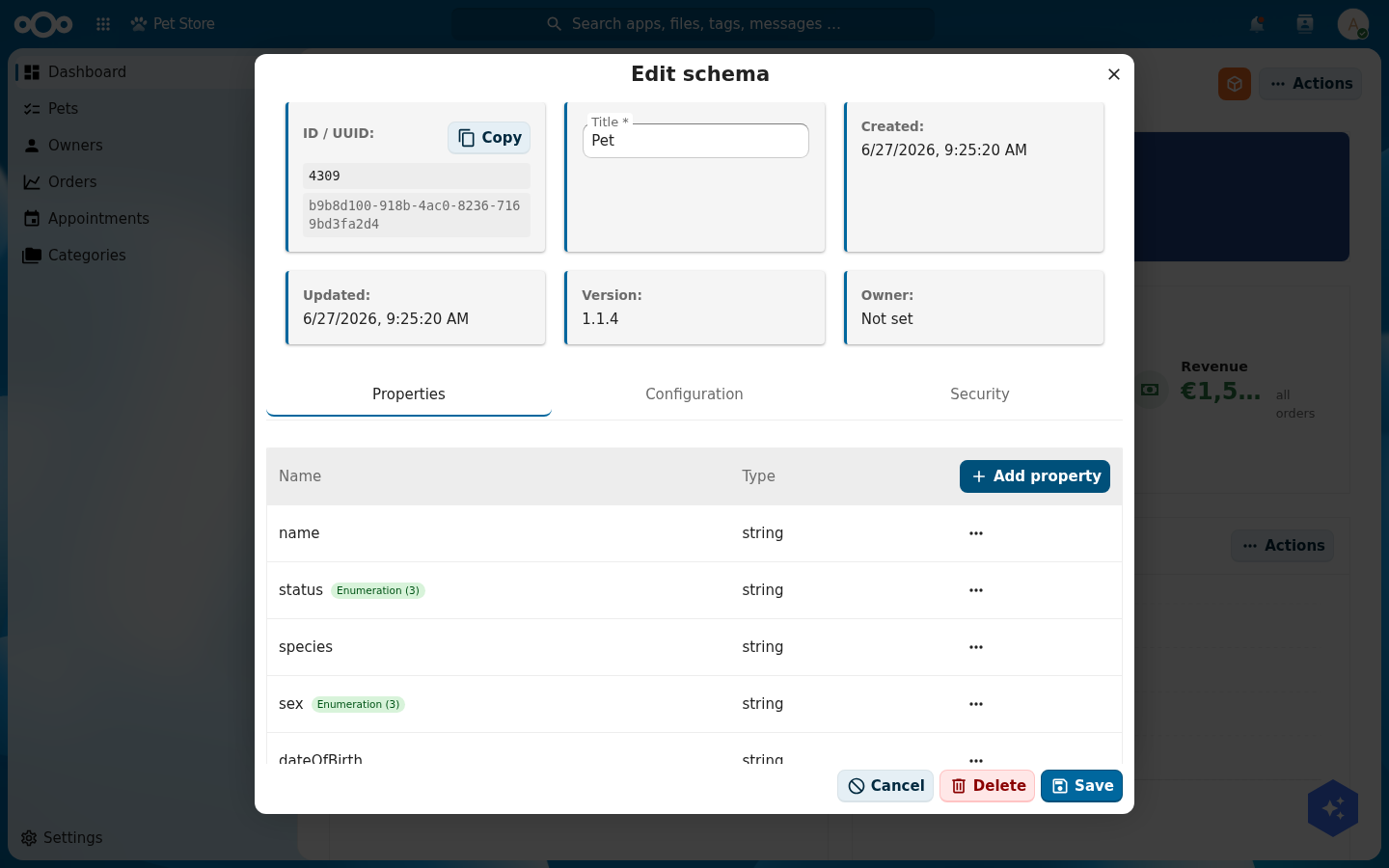 The OpenBuild schema editor for the Pet schema: a Title field, Properties / Configuration / Security tabs, and a properties table (name, status, species, sex, dateOfBirth) with an Add property button